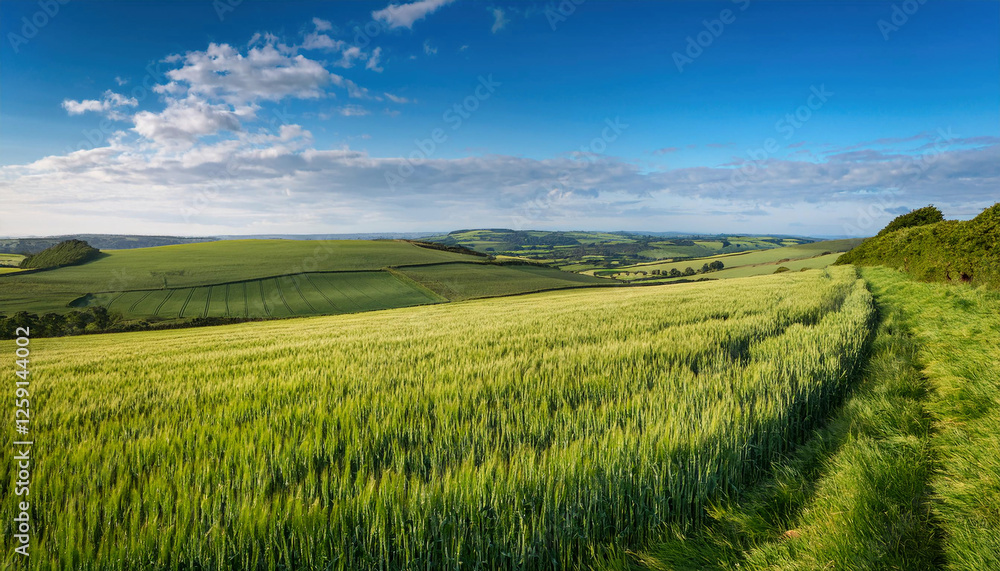 Fototapeta premium A picturesque landscape features rolling green fields under a bright blue sky with scattered white clouds.
