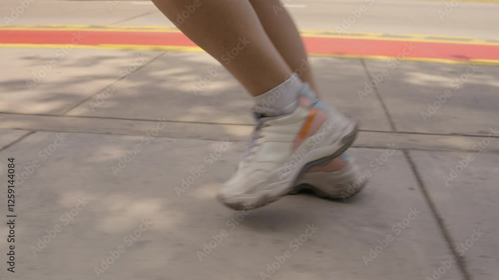 Woman running on sidewalk wearing white sneakers Woman running on sidewalk wearing white sneakers