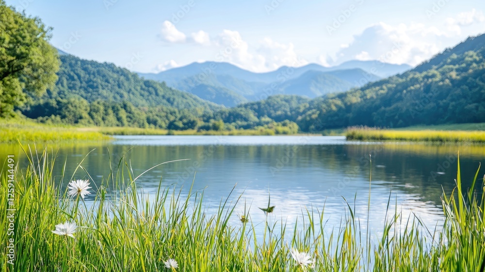 Fototapeta premium Serene mountain lake, tranquil summer scene, idyllic landscape, nature background, perfect for travel brochures