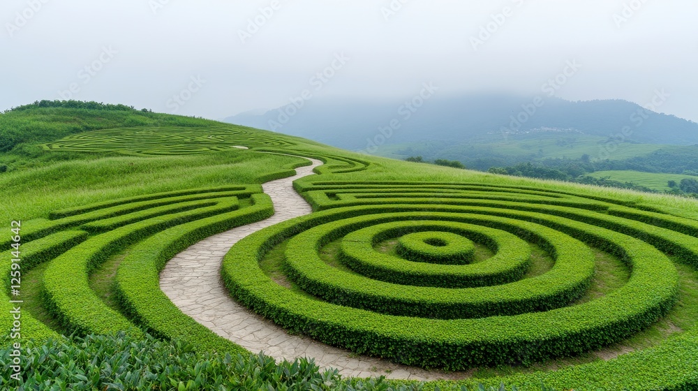 Aerial View of a Spiral Green Hedge Maze on Hillside Aerial View of a Spiral Green Hedge Maze on Hillside