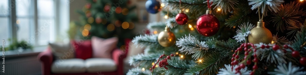 Snowy Christmas tree with ornaments in a living room, christmas tree, christmas decor Snowy Christmas tree with ornaments in a living room, christmas tree, christmas decor
