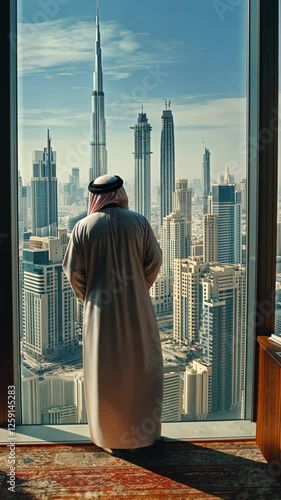 Man gazing at Dubai skyline from a high-rise window overlooking modern architecture and towering buildings during daylight