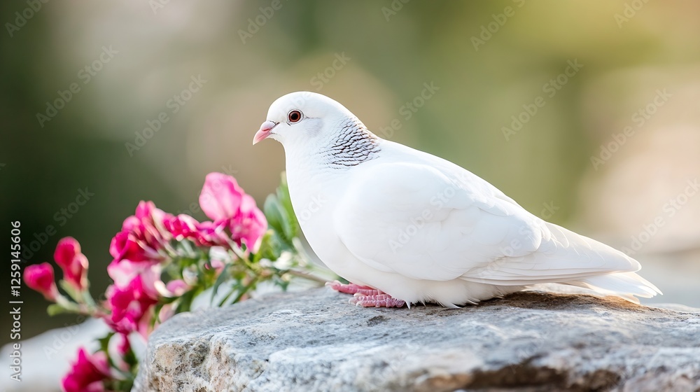 Fototapeta premium Beautiful white dove perched gracefully beside colorful flowers on a sunny day symbolizing peace and love : Generative AI