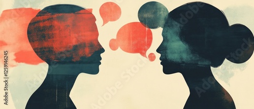 Silhouetted conversation with abstract red and blue speech bubbles
