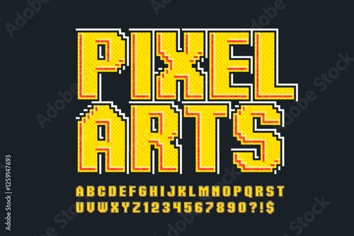 Pixel stylized vector alphabet design. High contrast and sharp, retro-futuristic.