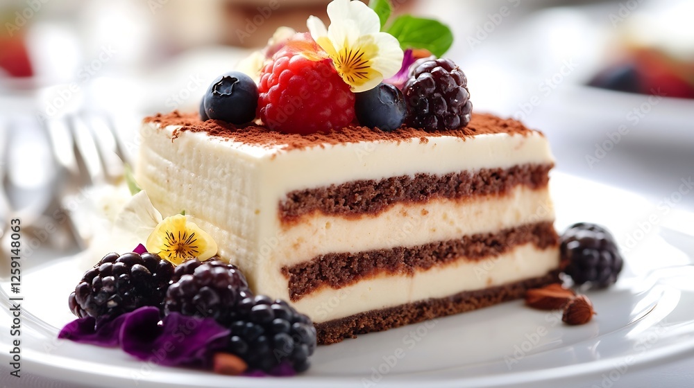 Delicious Layered Chocolate Cake with Fresh Berries and Edible Flowers : Generative AI Delicious Layered Chocolate Cake with Fresh Berries and Edible Flowers : Generative AI