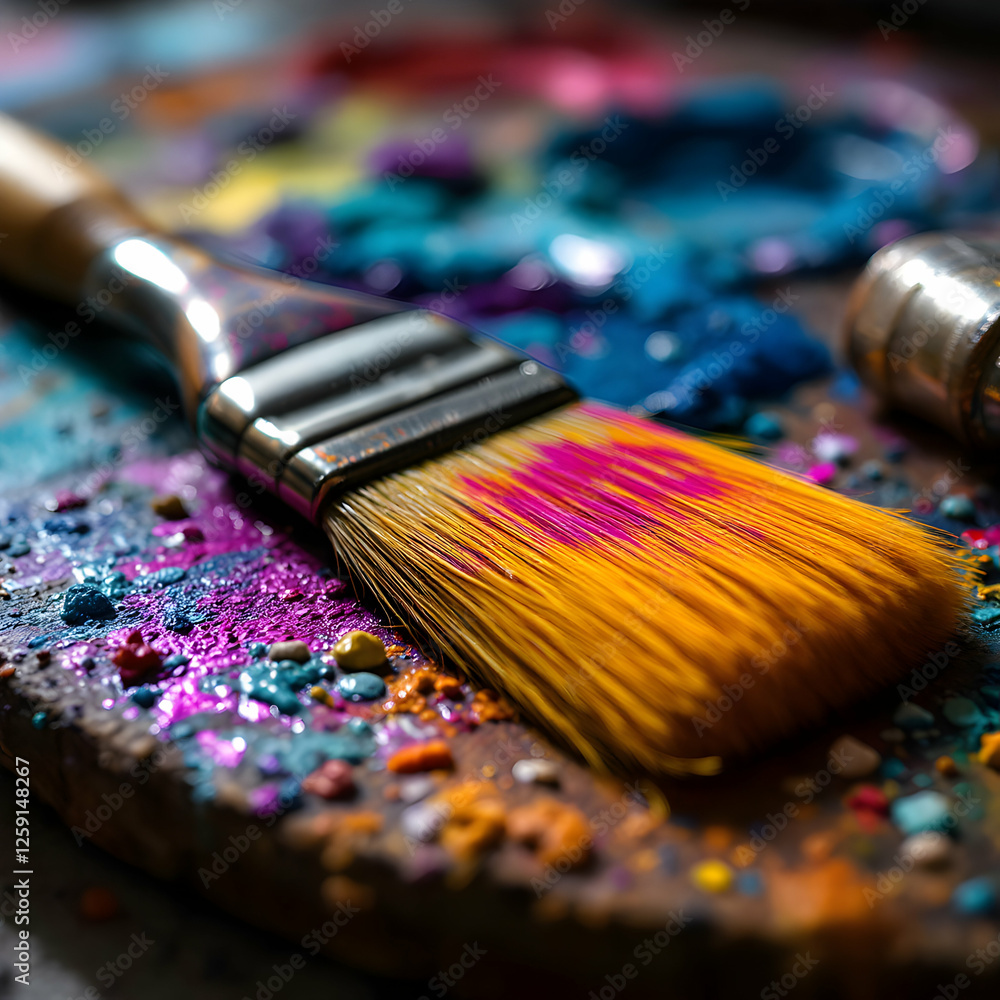 Fototapeta premium Closeup of Vibrant Paintbrush on Colorful Palette Full of Pigments in Art Studio Setting