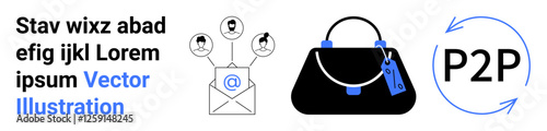 Email with user avatars, handbag with tag, and circular P2P arrows represent communication, networking, e-commerce, fashion, retail, peer-to-peer exchange and technology. Ideal for flat landing page
