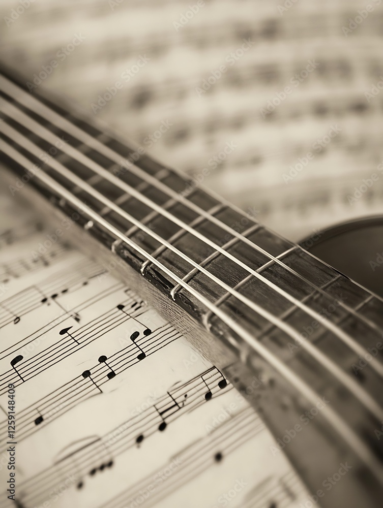 Close Up of Acoustic Guitar Strings on Musical Sheet Background Creating a Harmonious Visual Experience : Generative AI Close Up of Acoustic Guitar Strings on Musical Sheet Background Creating a Harmonious Visual Experience : Generative AI