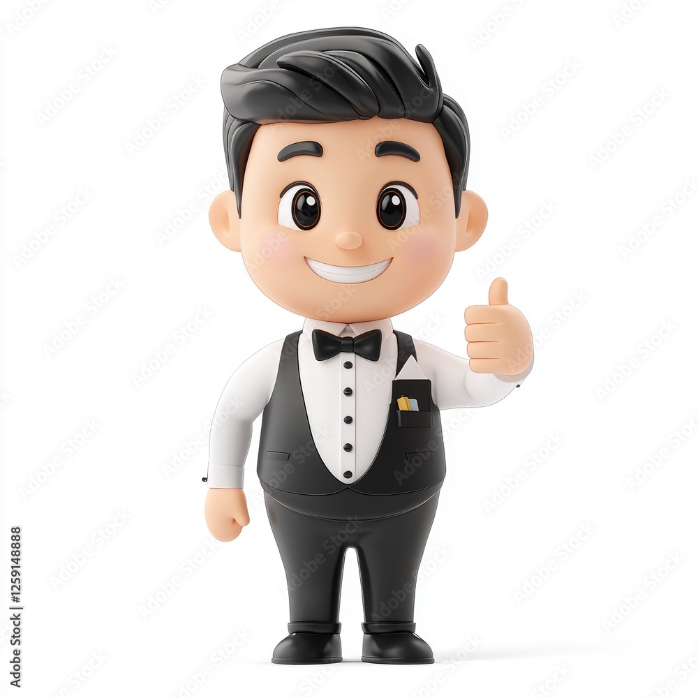Smiling Cartoon Waiter Character 3D Render: Friendly Service, Restaurant Hospitality Smiling Cartoon Waiter Character 3D Render: Friendly Service, Restaurant Hospitality