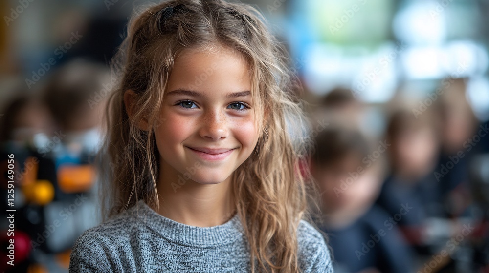 Modern classroom where children are learning coding and robotics with their teacher smiling proudly at their progress and teamwork Modern classroom where children are learning coding and robotics with their teacher smiling proudly at their progress and teamwork
