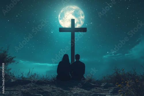 Couple praying under moonlit cross, night sky