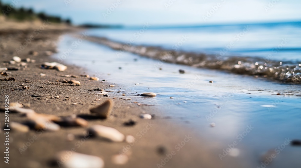 Peaceful Beach Shoreline with Smooth Sandy Coastline and Calm Waves Under a Clear Sky : Generative AI Peaceful Beach Shoreline with Smooth Sandy Coastline and Calm Waves Under a Clear Sky : Generative AI