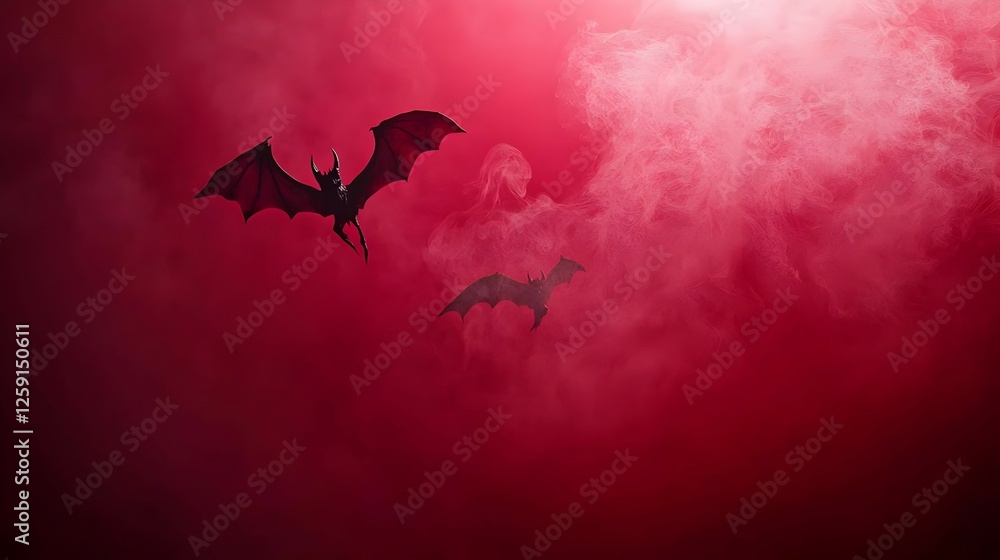Fototapeta premium Two Bats Flying in Red Smoky Background