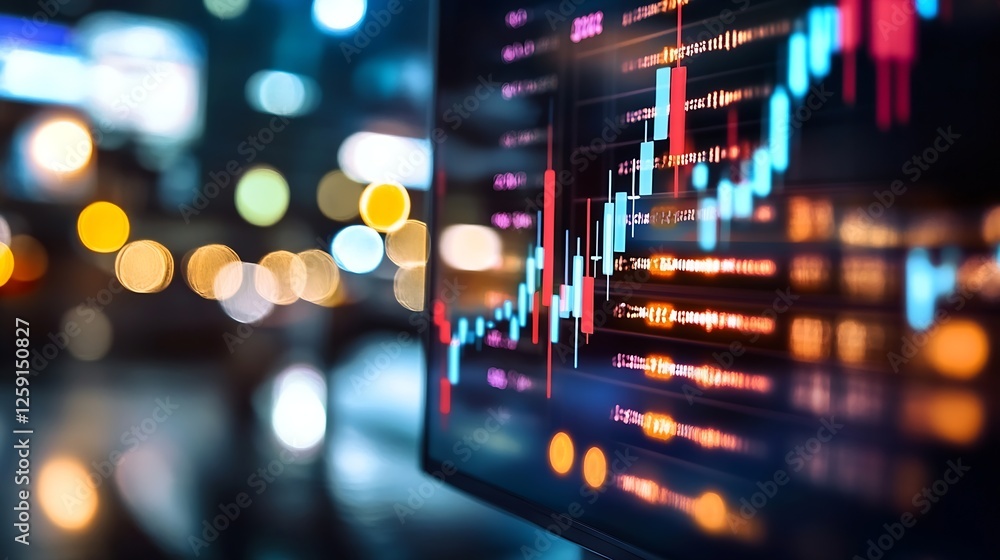 Stock market analysis showing digital trading charts with colorful candles and blurred city background : Generative AI Stock market analysis showing digital trading charts with colorful candles and blurred city background : Generative AI