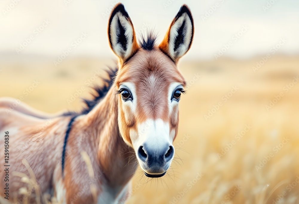 Close-up of a Kulan, or Asiatic Wild Ass, in a golden field.
