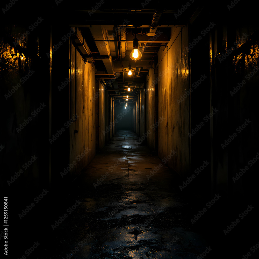 Dimly Lit Abandoned Hallway with Wet Floors and Flickering Lights Creating a Mysterious Atmosphere Dimly Lit Abandoned Hallway with Wet Floors and Flickering Lights Creating a Mysterious Atmosphere