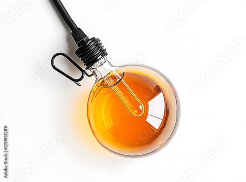 A photograph of an orange liquid in the bottom half of a round glass bulb with a black metal tube and clip attached to it, on a white background, high-resolution photography, high quality