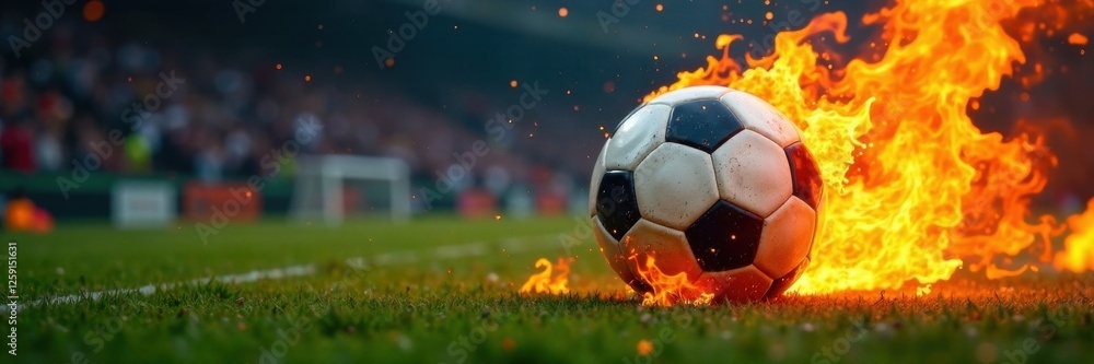 Fototapeta premium Soccer ball engulfed in flames on burning football field, chaos, fire