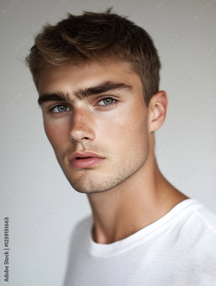 Fototapeta premium Stylish Close Up Portrait of a Young Man with Captivating Eyes and Modern Haircut : Generative AI