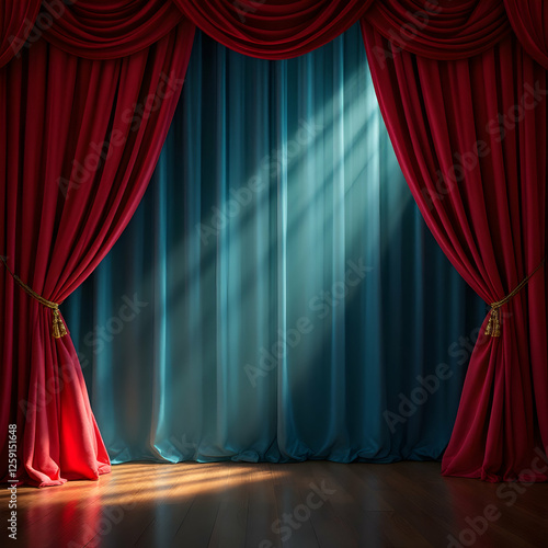 Elegant Red and Blue Stage Curtains with Soft Light Creating a Dramatic Atmosphere in Theater