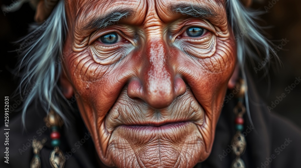 Portrait of an old Native American man with a peaceful, experienced look Portrait of an old Native American man with a peaceful, experienced look