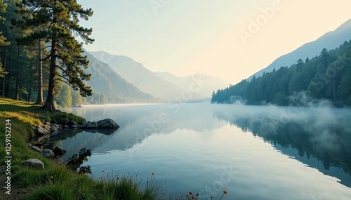Soft morning mist over serene lake, serene, peaceful, watercolor