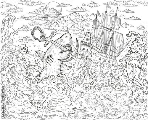 Drawing sketch style illustration of a shark jumping up the waves biting an anchor of a galleon tall ship on raging seas with ocean, sun, moon and clouds done in black and white line art.