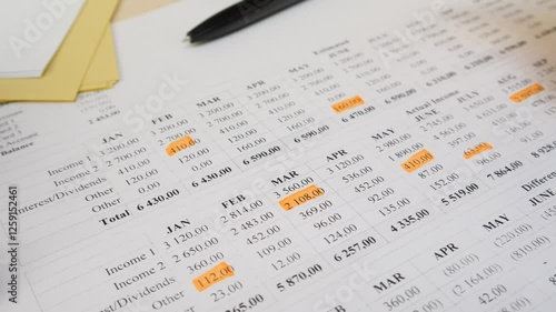 Financial document with income and expense breakdown. Monthly budget plan with marked key figures. Helps track financial habits, plan expenses, and ensure economic stability