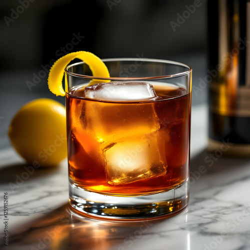 Glass of Whiskey Cocktail with Ice and Lemon Twist on Marble Surface in a Stylish Bar Setting
