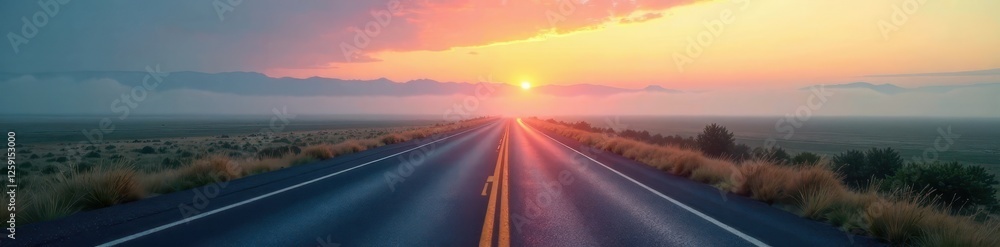 The road stretches out into the distance with a hint of fog on the horizon, highway, roads, atmosphere