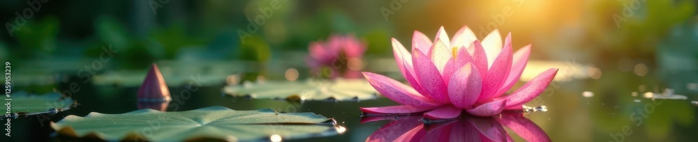 Water lily with pink petals blooming in sunlight, sunlit, water lily Water lily with pink petals blooming in sunlight, sunlit, water lily