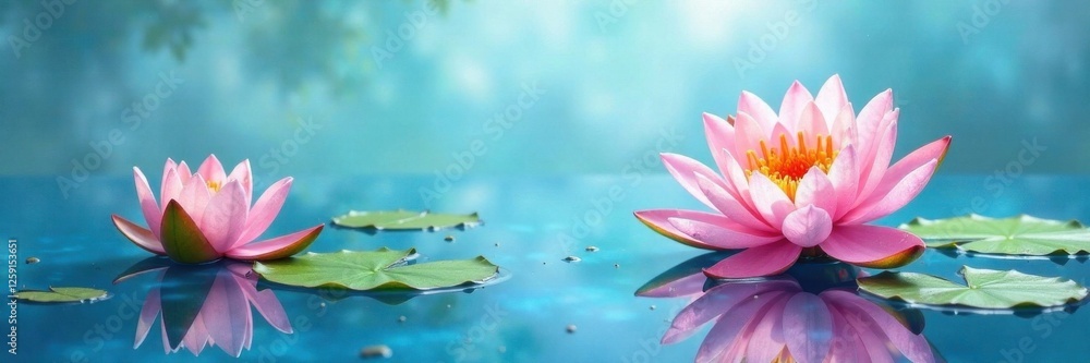 Soft watercolor water lilies on a serene blue background, water lily painting, blue background, serene landscape Soft watercolor water lilies on a serene blue background, water lily painting, blue background, serene landscape
