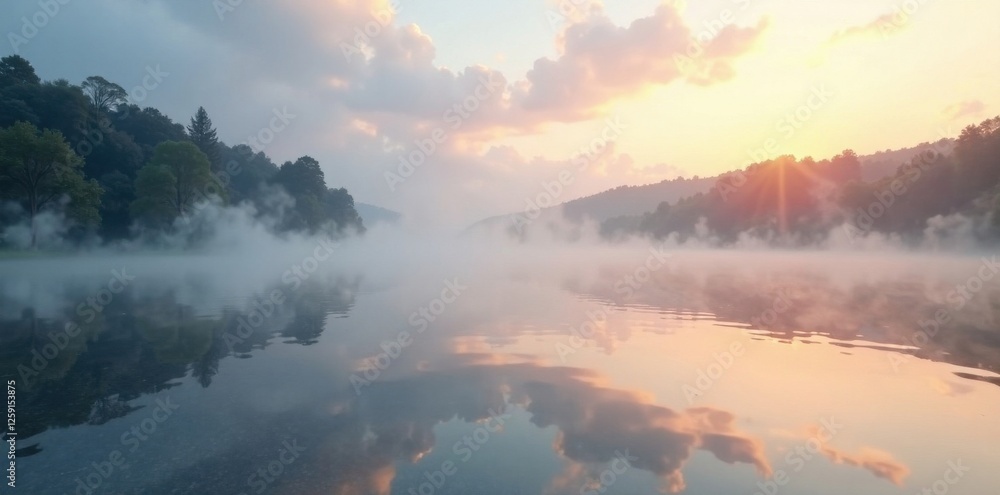 Fototapeta premium Soft white fog slowly rising from a calm lake surface at dawn, serene, water, nature