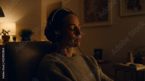 A person seated in a dimly lit room, listening to music with headphones on, their eyes closed.
