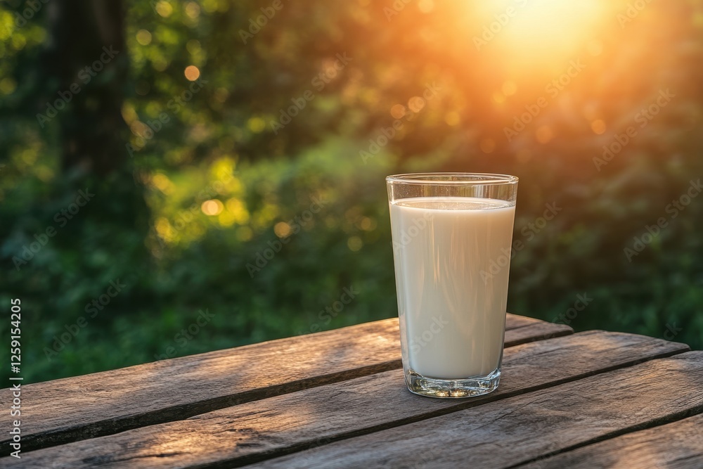 Fresh Glass of Milk on Wooden Table Against a Beautiful Sunset in a Serene Outdoor Setting Fresh Glass of Milk on Wooden Table Against a Beautiful Sunset in a Serene Outdoor Setting