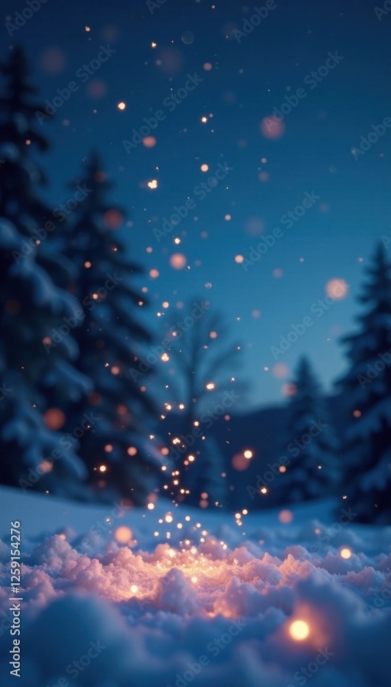 Naklejka premium Sparkling silver star confetti fills the sky on a winter night, holiday decor, magical atmosphere, holly berries