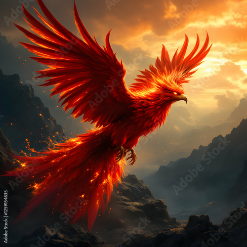 Majestic Phoenix Soaring Above Fiery Sunset Over Rugged Mountains in a Fantasy Landscape