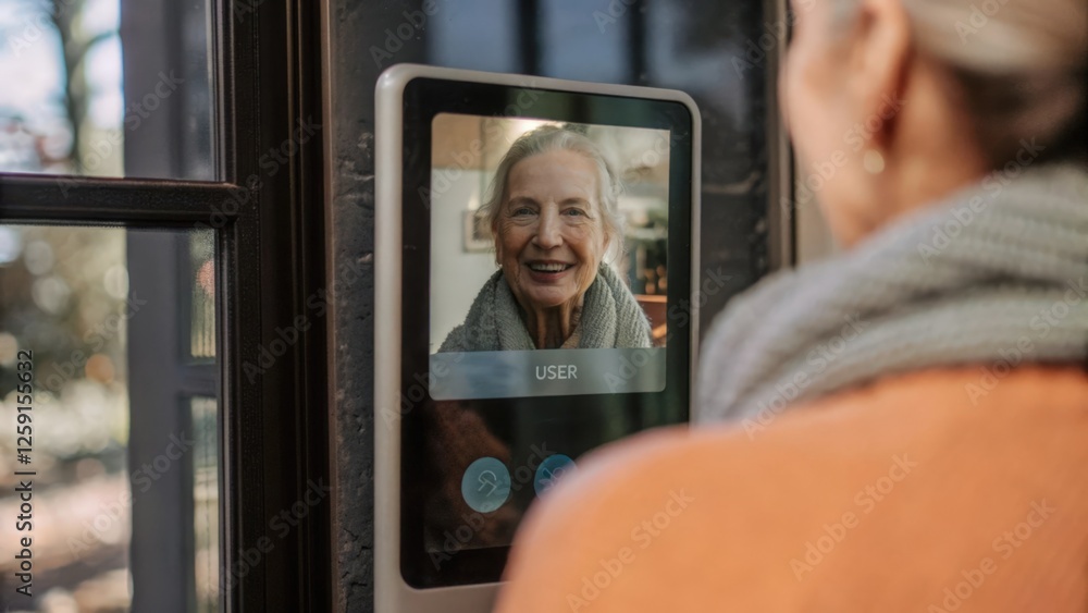 A closeup of a smart mirrors interface showing a digital avatar of an elderly user with the mirror capturing their expressions while providing personalized health tips tailored to
