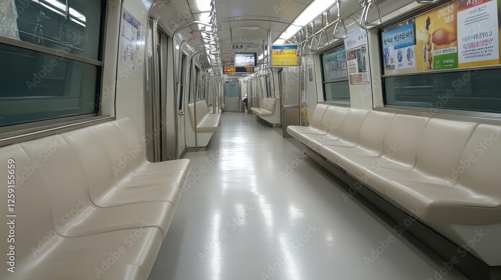 Empty subway car, city transit, interior, seats, advertising Empty subway car, city transit, interior, seats, advertising