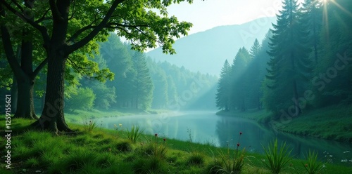 Soothing forest landscape with misty atmosphere, tall trees, and vibrant greenery, nature, outdoors, organic