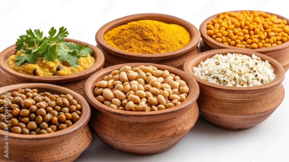 Fototapeta premium Assortment of Legumes and Spices in Terracotta Bowls