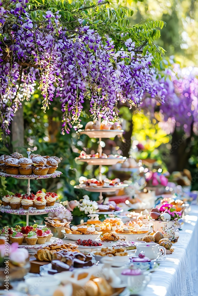 Spring garden tea party with Easter treats, floating teacups, magical pastries, blooming wisteria arch Spring garden tea party with Easter treats, floating teacups, magical pastries, blooming wisteria arch
