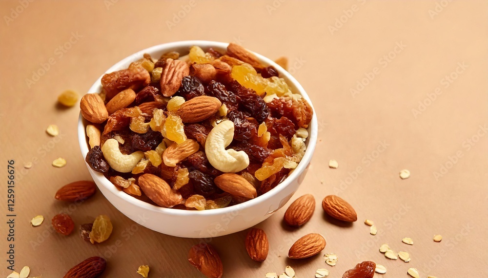 Fototapeta premium Ai generative, The mix of various nuts and raisins in a white bowl on a beige background.