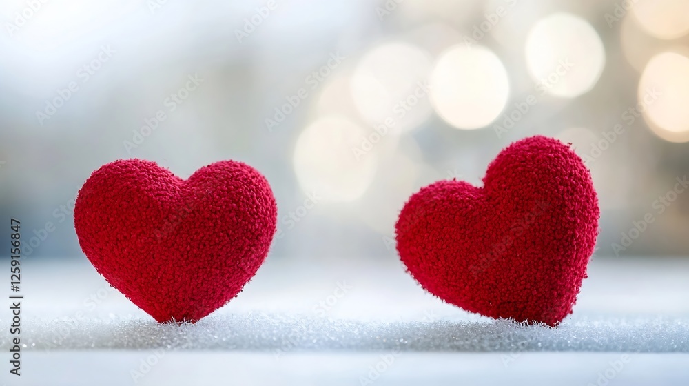Obraz premium Two Soft Textured Red Hearts on a Smooth Surface with a Bokeh Background : Generative AI