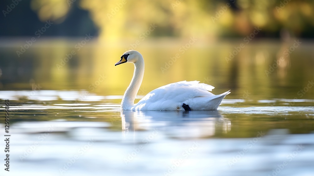 Obraz premium Majestic White Swan Swimming Gracefully on a Reflective Lake : Generative AI