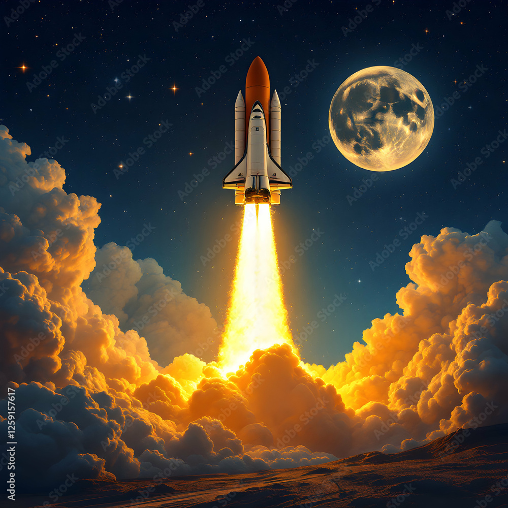 Fototapeta premium Rocket Launching Into Space Surrounded By Clouds Under The Glow Of A Full Moon At Night
