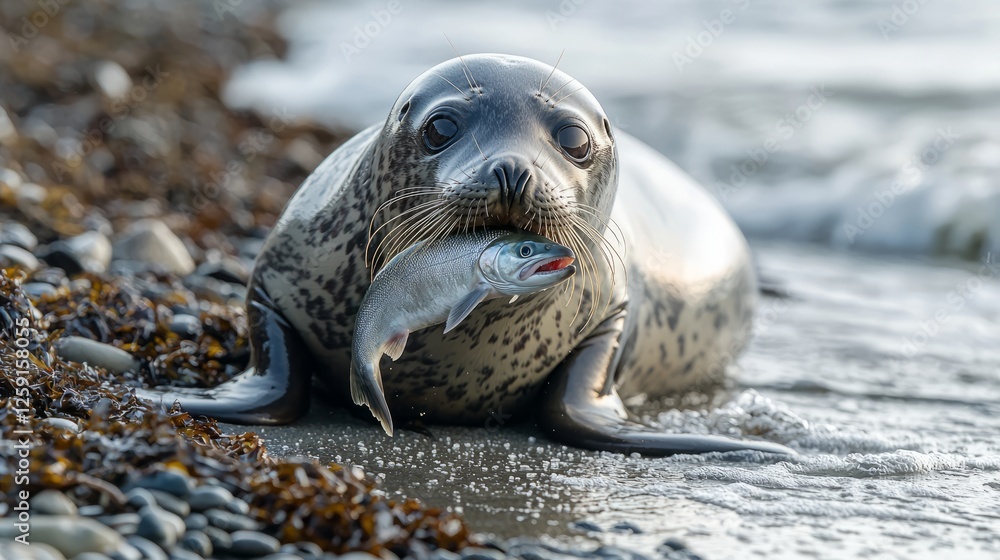 Fototapeta premium Seal with Fish on Rocky Beach Shoreline