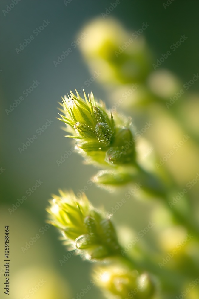 Fototapeta premium Close Up Image of Fresh Budding Green Plant Captured Against Soft Background Light : Generative AI