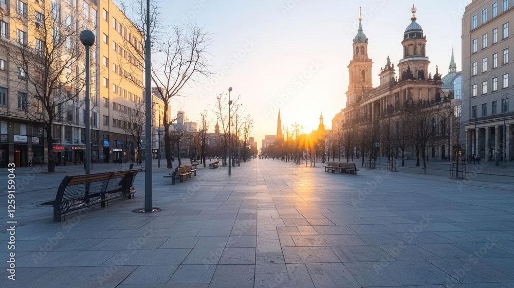 Fototapeta premium Empty City Street at Sunrise in Europe